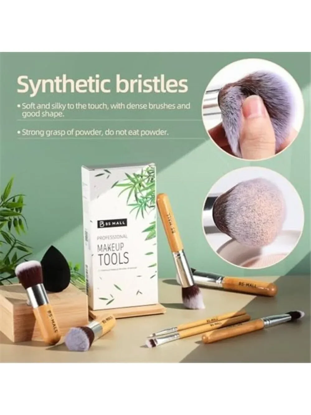 Small Makeup Brush Set 11Pcs Bamboo Synthetic Kabuki Brush Set